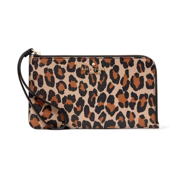 New Kate Spade Lucy Leopard Medium L Zip Wristlet Brown Multi - Picture 1 of 3